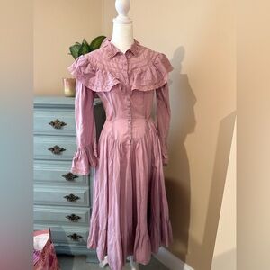 Pink Pleated Dress with Cap Bishop Sleeves and Bib Collar